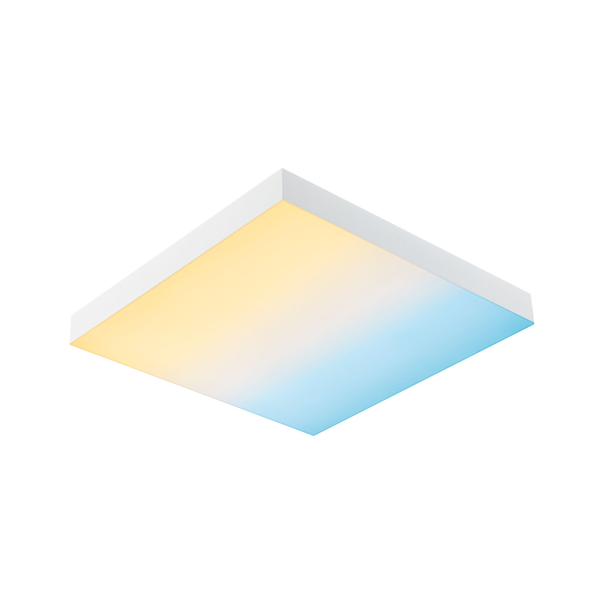 Square LED ceiling light with white frame and warm white to blue light for modern interior lighting