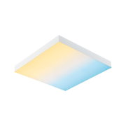 Quadratische LED-Deckenleuchte mit weißem Rahmen und warmweiß-blauem Licht für moderne Innenräume