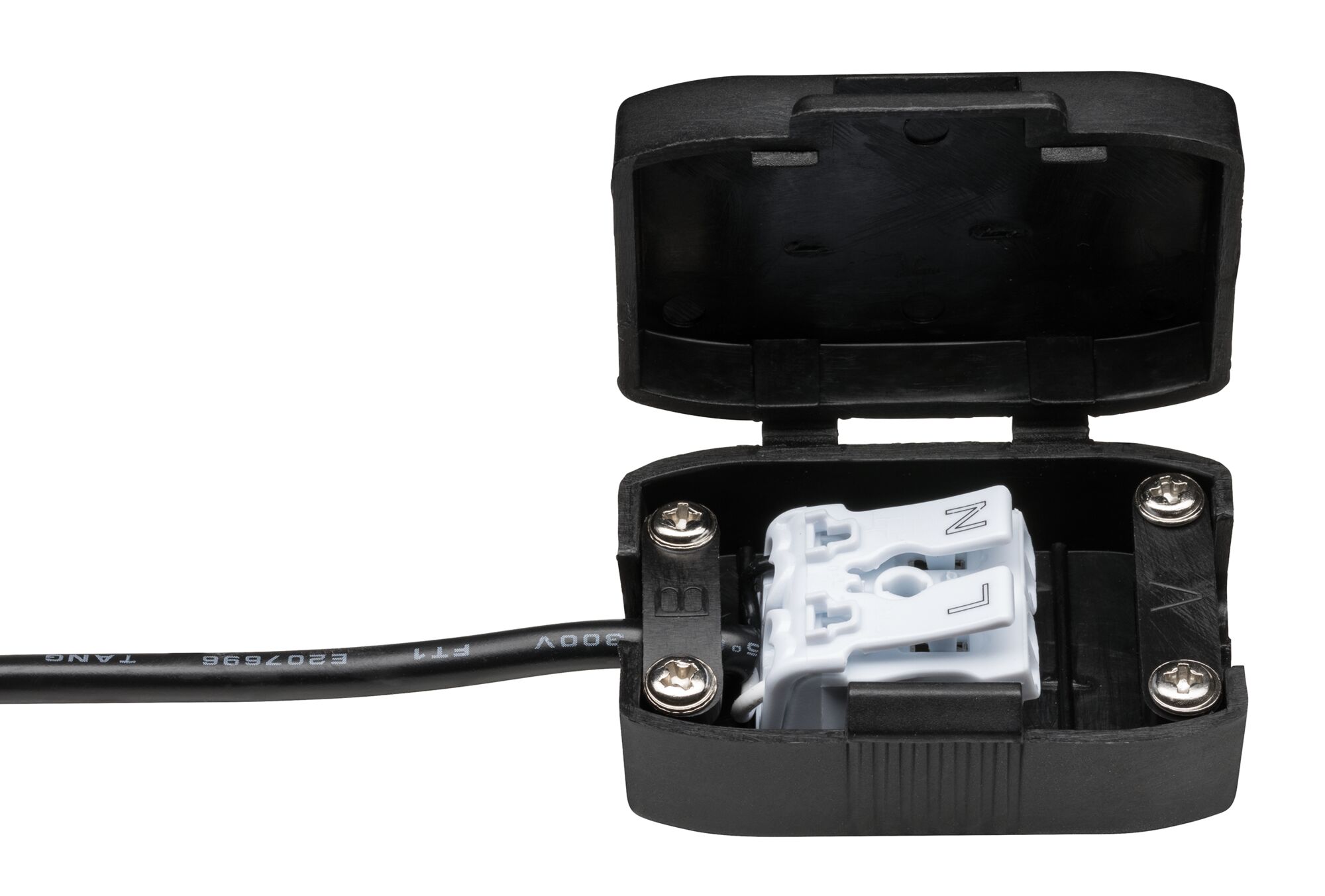 Black plastic housing with open lid and white cable connector for electrical wiring connections