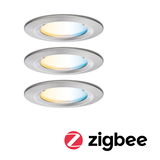 Drie ronde inbouwspots van geborsteld aluminium met warm en koel wit licht, Zigbee compatibel