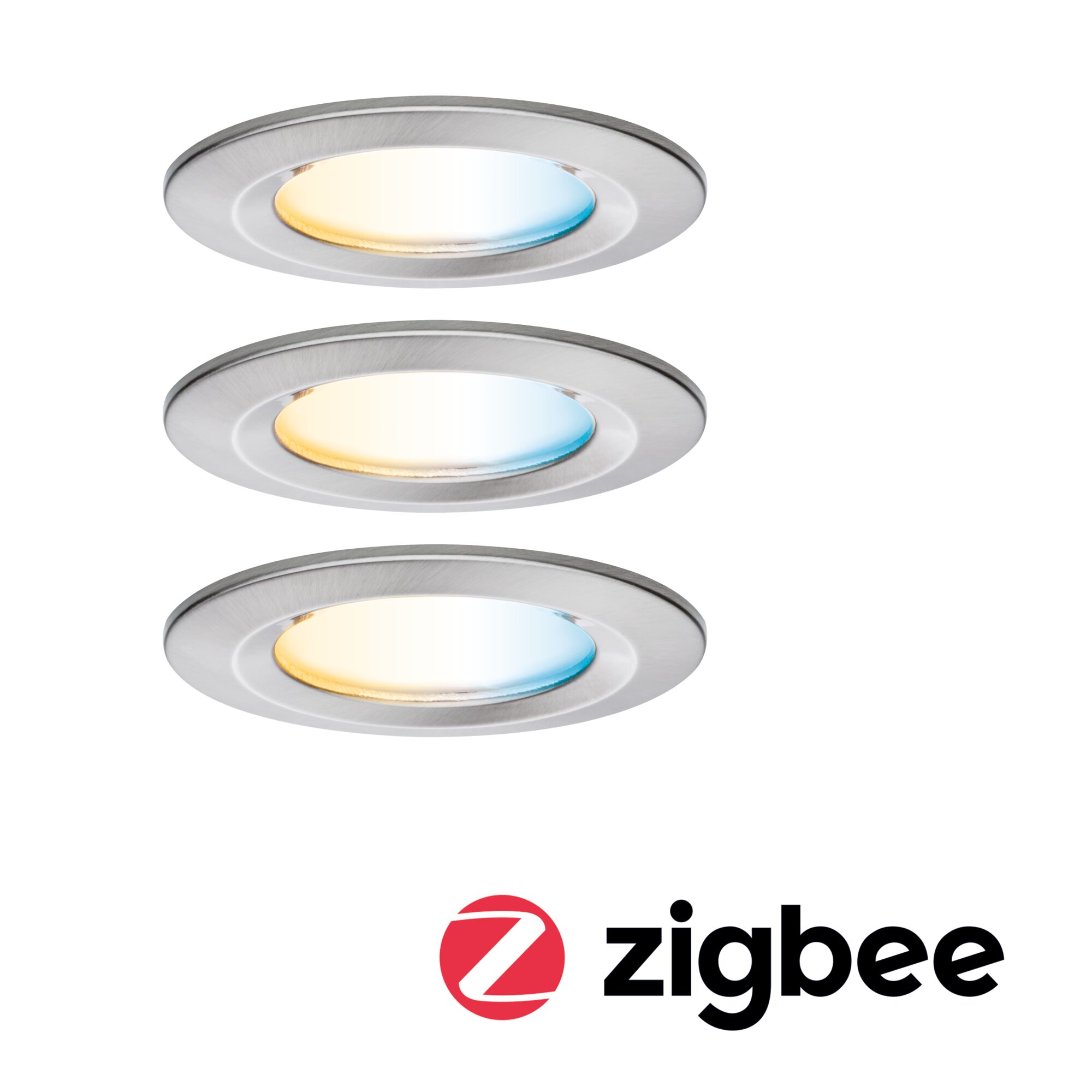 Drei runde Einbaustrahler aus gebürstetem Aluminium mit warmweißem und kaltweißem Licht, Zigbee kompatibel
