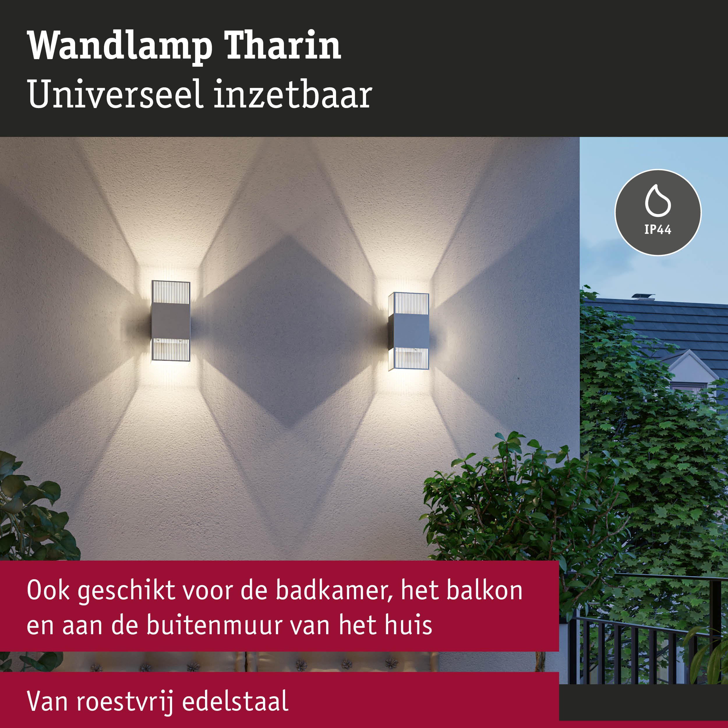 Wandlamp Tharin van wit roestvrij staal met IP44 bescherming, geschikt voor badkamer en balkon