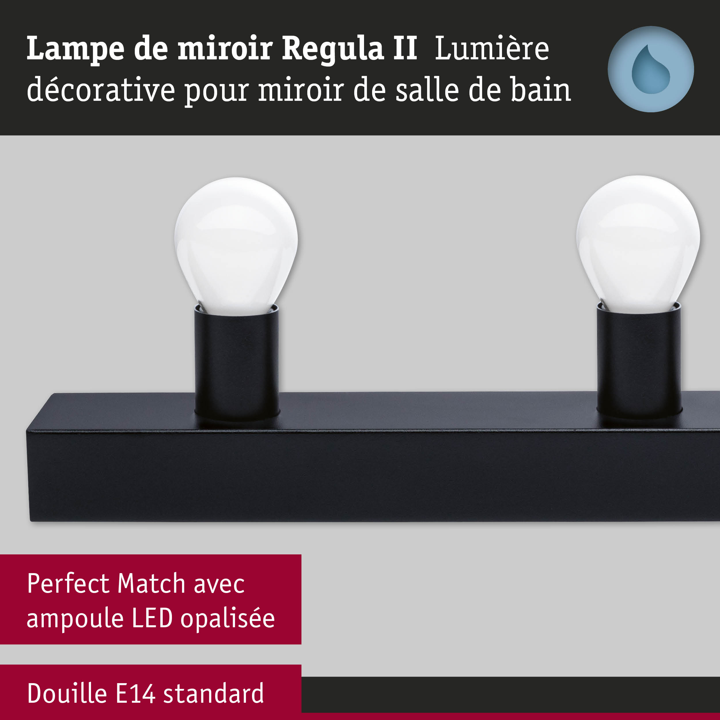 Kit Éclairage de miroir Regula II ampoules incluses 4-flammes IP44 E14 2700K 4x470lm 230V 4x4,5W gradable Noir/Opale