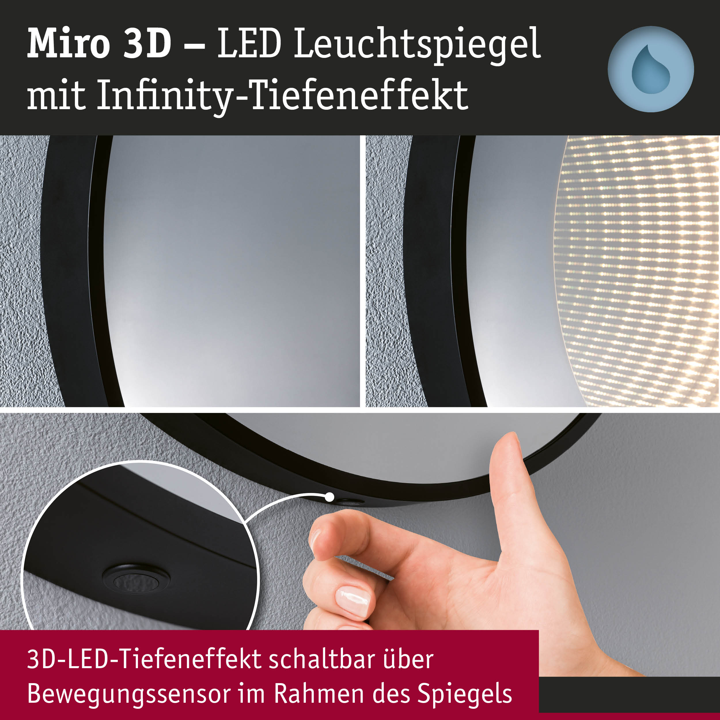 Miro 3D LED Leuchtspiegel mit schwarzem Rahmen und Infinity-Tiefeneffekt, Bewegungssensor aktiviert Beleuchtung