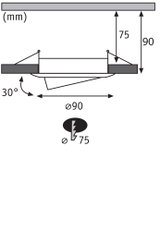 Technical drawing of recessed spotlight with 90 mm diameter and 30-degree tilt for LED lighting.