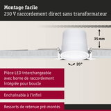 Spot LED encastré blanc 35 mm de profondeur avec inclinaison 20° pour montage facile 230 V