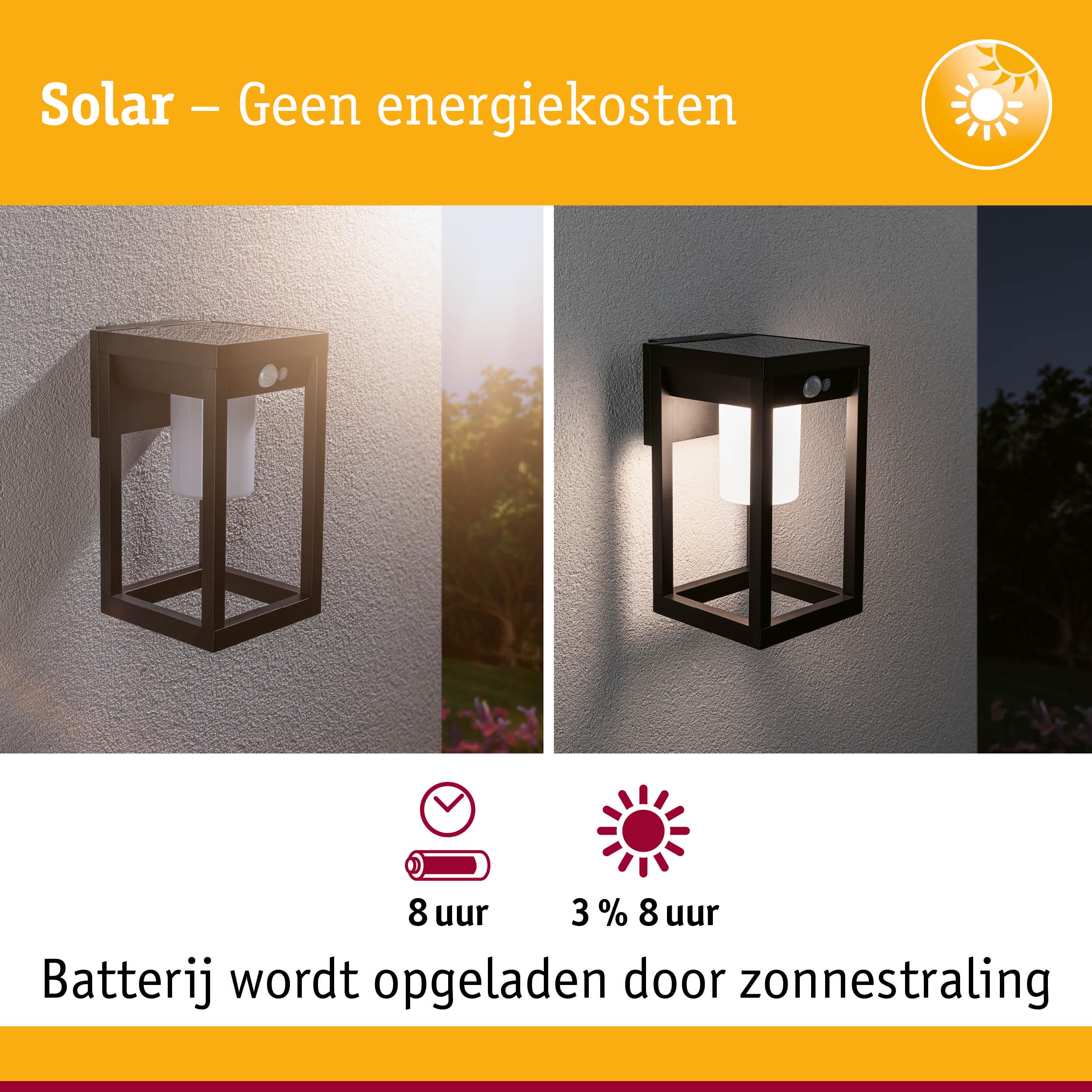 Zwarte solar wandlamp van metaal met bewegingssensor, dag- en nachtbeeld aan buitenmuur.