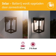 Zwarte metalen solar buitenwandlamp met bewegingssensor, dag- en nachtzicht, energiezuinige verlichting
