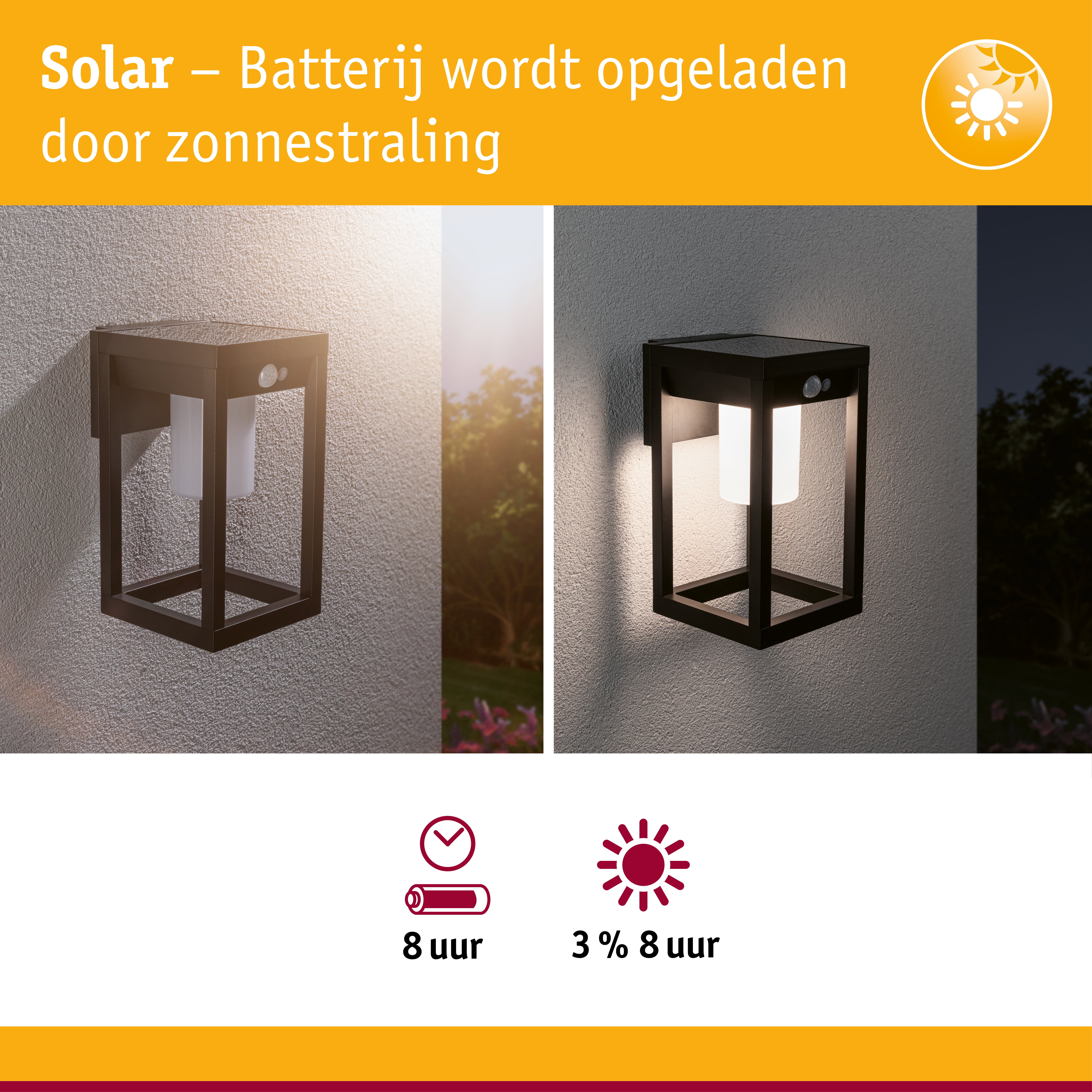 Zwarte metalen solar buitenwandlamp met bewegingssensor, dag- en nachtzicht, energiezuinige verlichting