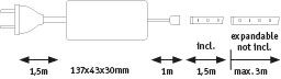 Technical drawing of white power supply measuring 137x43x30 mm with 1.5 m cables