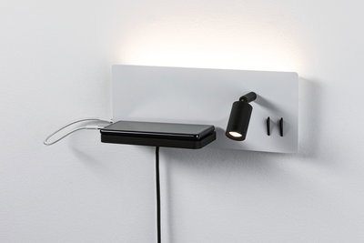 Applique murale blanche moderne avec spot LED noir et étagère, design minimaliste pour intérieur