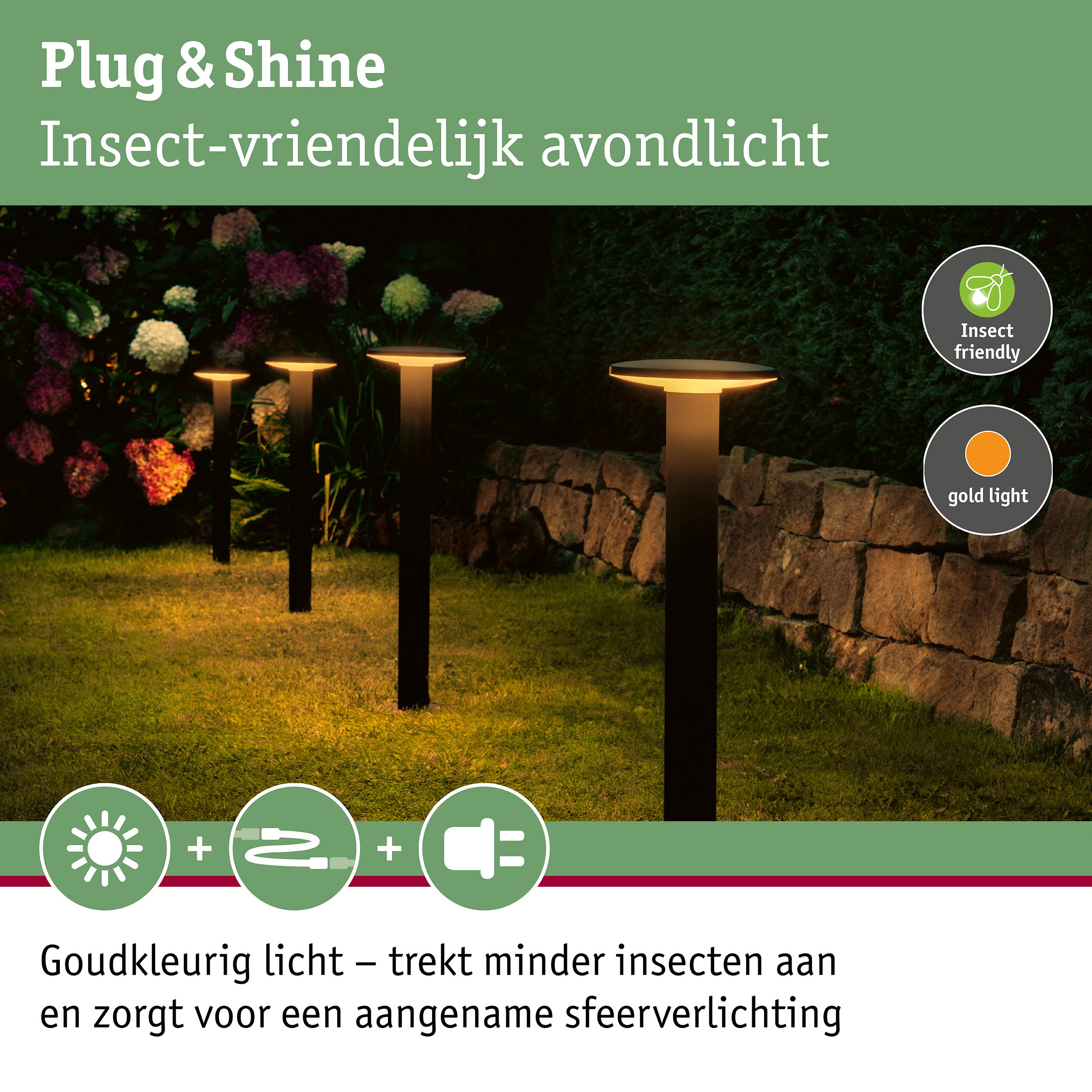 Insectvriendelijke tuinverlichting met warm wit licht en zwarte voet voor buitengebruik