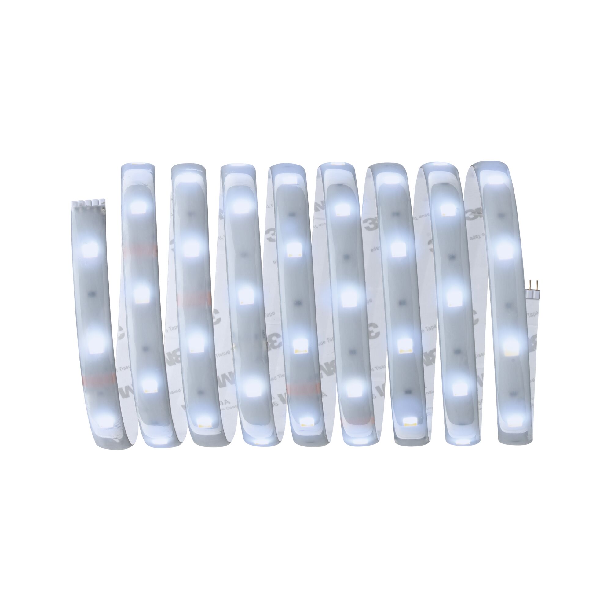 Flexible LED strip light with white illumination and adhesive backing for versatile lighting accents