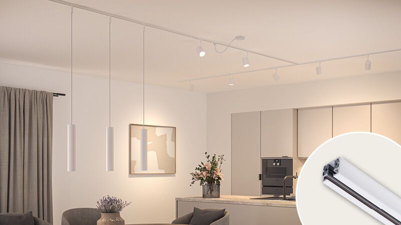 Rail d'éclairage URail blanc signal en aluminium dans cuisine moderne avec suspensions et spots