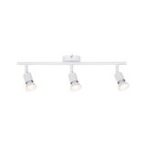 Three white metal LED spotlights on bar for adjustable ceiling lighting