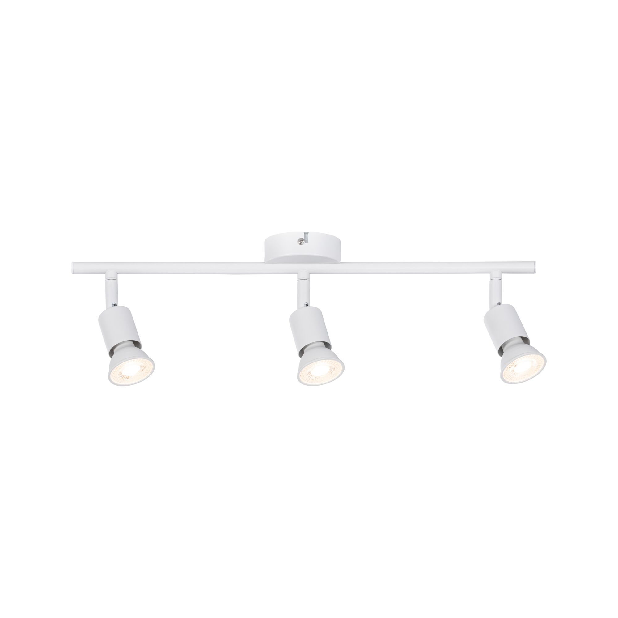 Drie witte metalen LED-spotlights op balk voor verstelbare plafondverlichting
