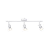 Drie witte metalen LED-spotlights op balk voor verstelbare plafondverlichting