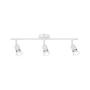 Three white metal LED spotlights on bar for adjustable ceiling lighting