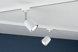 Zwei weiße LED-Strahler aus Metall an Schienensystem für flexible Raumbeleuchtung.