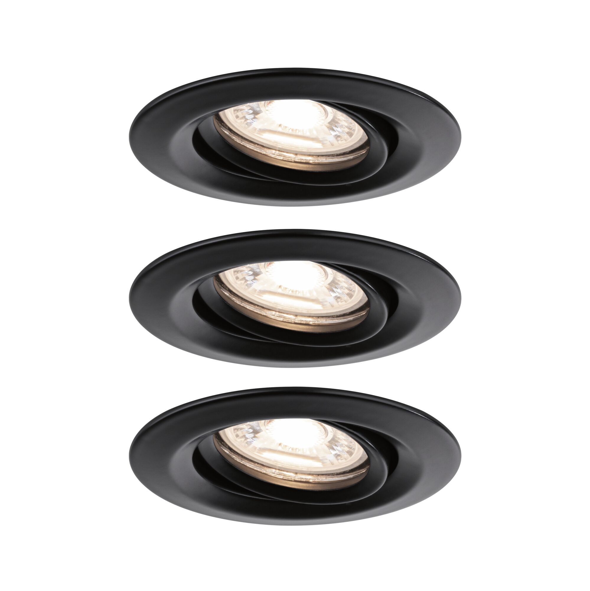 Drei schwarze Einbaustrahler aus Metall mit schwenkbarem Spot für flexible LED-Deckenbeleuchtung