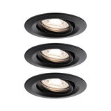 Drei schwarze Einbaustrahler aus Metall mit schwenkbarem Spot für flexible LED-Deckenbeleuchtung