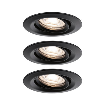 Drei schwarze Einbaustrahler aus Metall mit schwenkbarem Spot für flexible LED-Deckenbeleuchtung