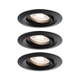 Three black metal recessed spotlights with adjustable heads for flexible LED ceiling lighting