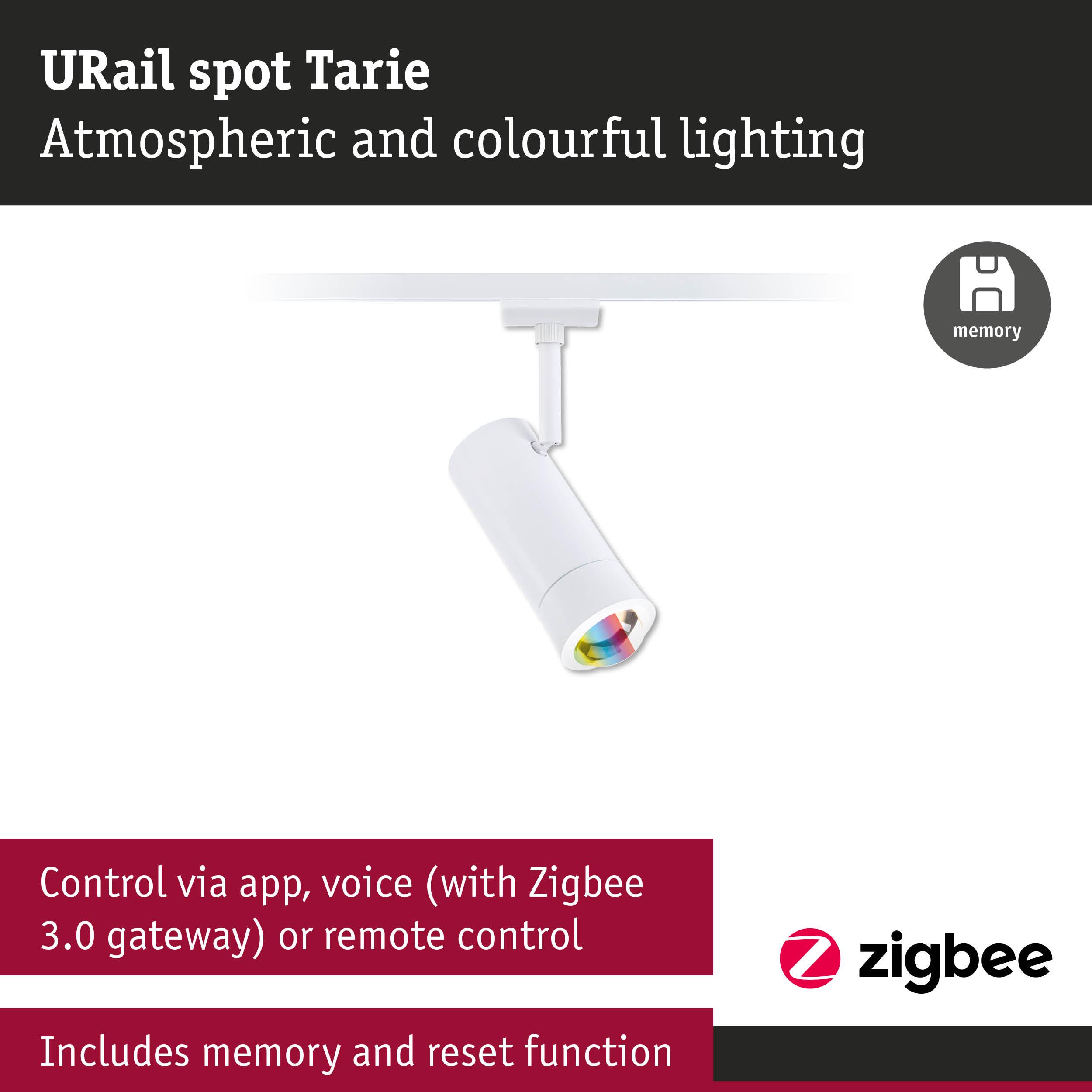 White URail Spot Tarie LED spotlight with colorful light, controllable via app and Zigbee 3.0 gateway