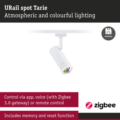 White URail Spot Tarie LED spotlight with colorful light, controllable via app and Zigbee 3.0 gateway