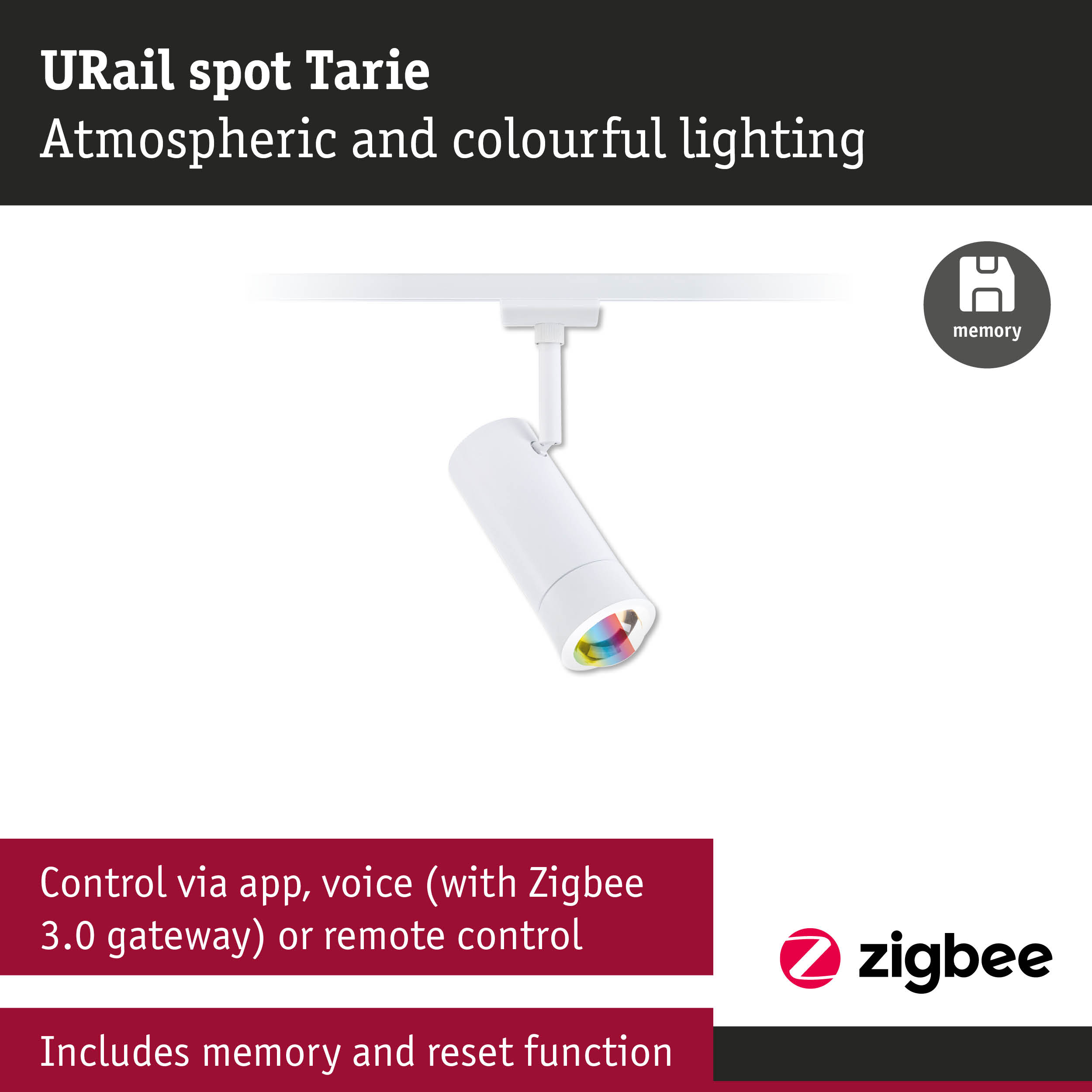 White URail Spot Tarie metal light with colorful LED and Zigbee app control feature