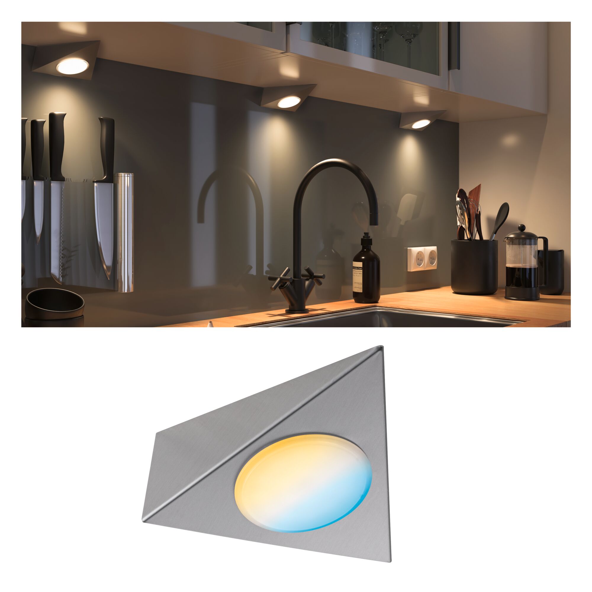 Triangular LED under-cabinet light in brushed aluminum with warm white and blue light for kitchen lighting