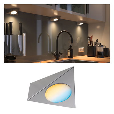 Triangular LED under-cabinet light in brushed aluminum with warm white and blue light for kitchen lighting