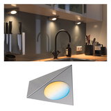 Triangular LED under-cabinet light in brushed aluminum with warm white and blue light for kitchen lighting