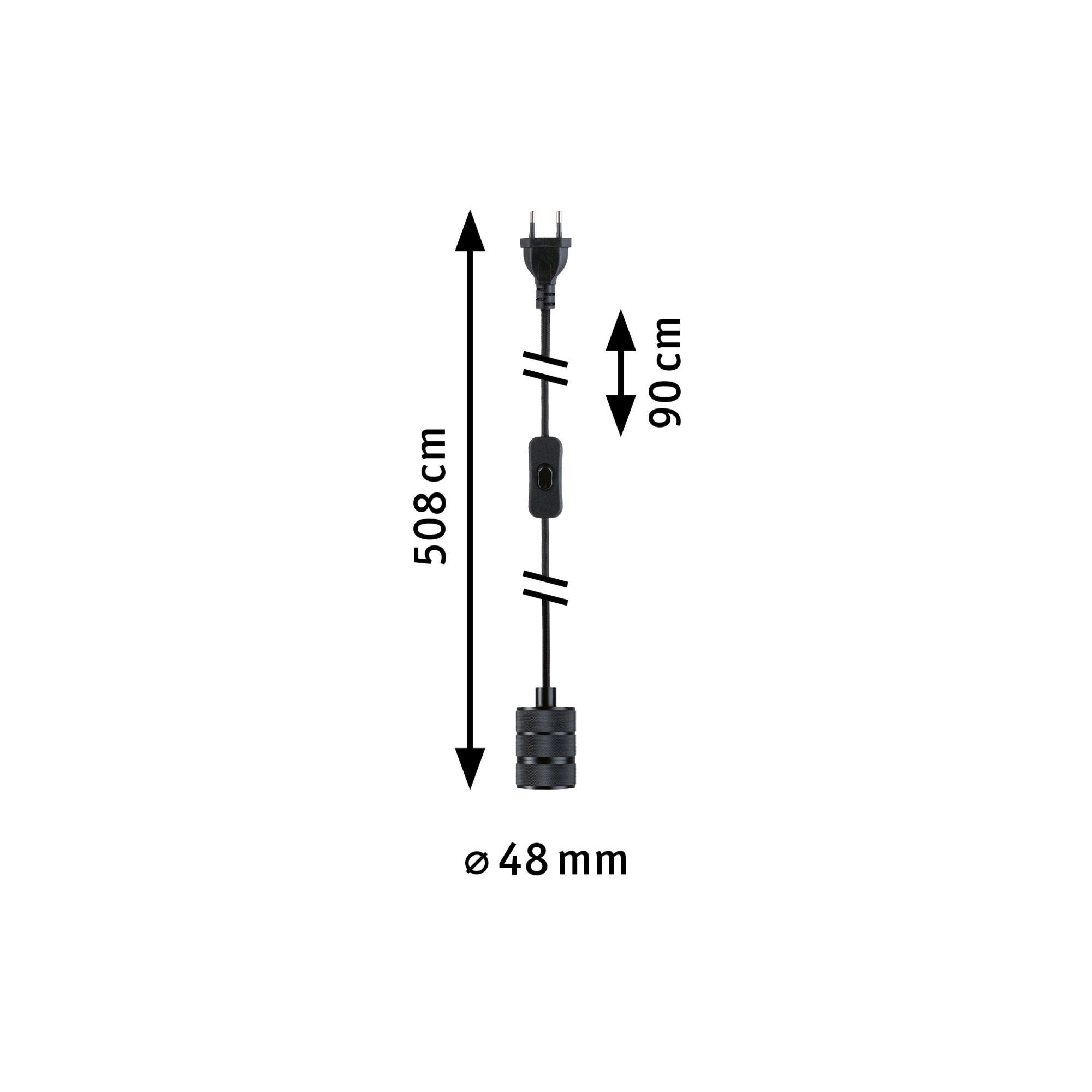 Czarny kabel z włącznikiem i wtyczką, długość 508 cm, średnica 48 mm, kabel do oświetlenia