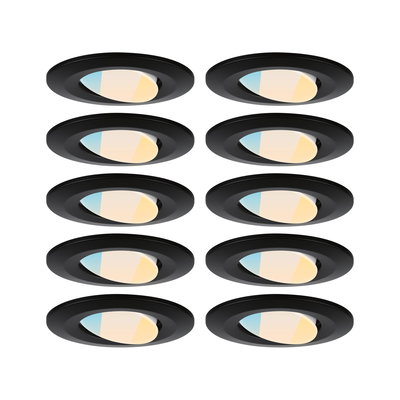 Ten black LED recessed spotlights with adjustable color temperature for modern home lighting.