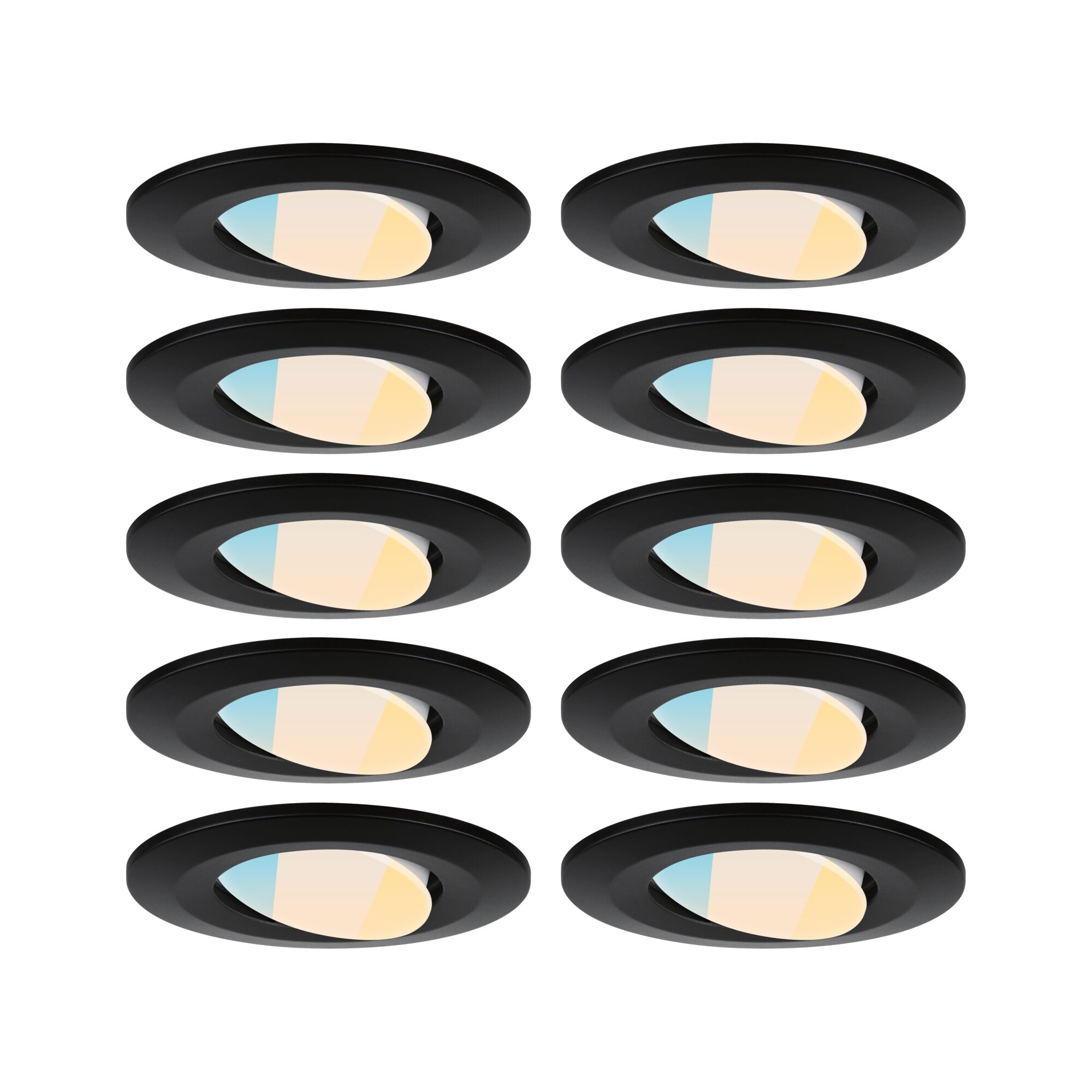 Tien zwarte LED-inbouwspots met instelbare kleurtemperatuur voor moderne woonverlichting.