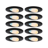 Tien zwarte LED-inbouwspots met instelbare kleurtemperatuur voor moderne woonverlichting.