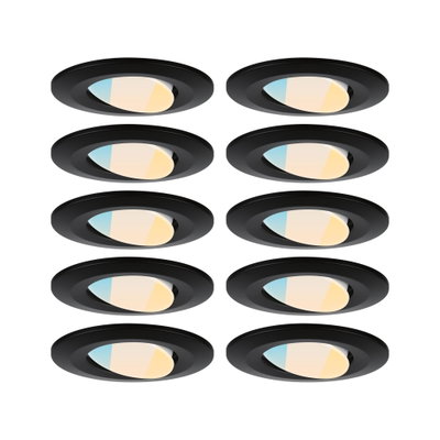 Tien zwarte LED-inbouwspots met instelbare kleurtemperatuur voor moderne woonverlichting.