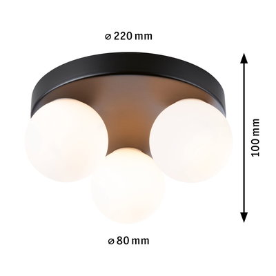Plafondlamp met drie witte glazen bollen en zwarte metalen voet, 220 mm diameter, 100 mm hoog