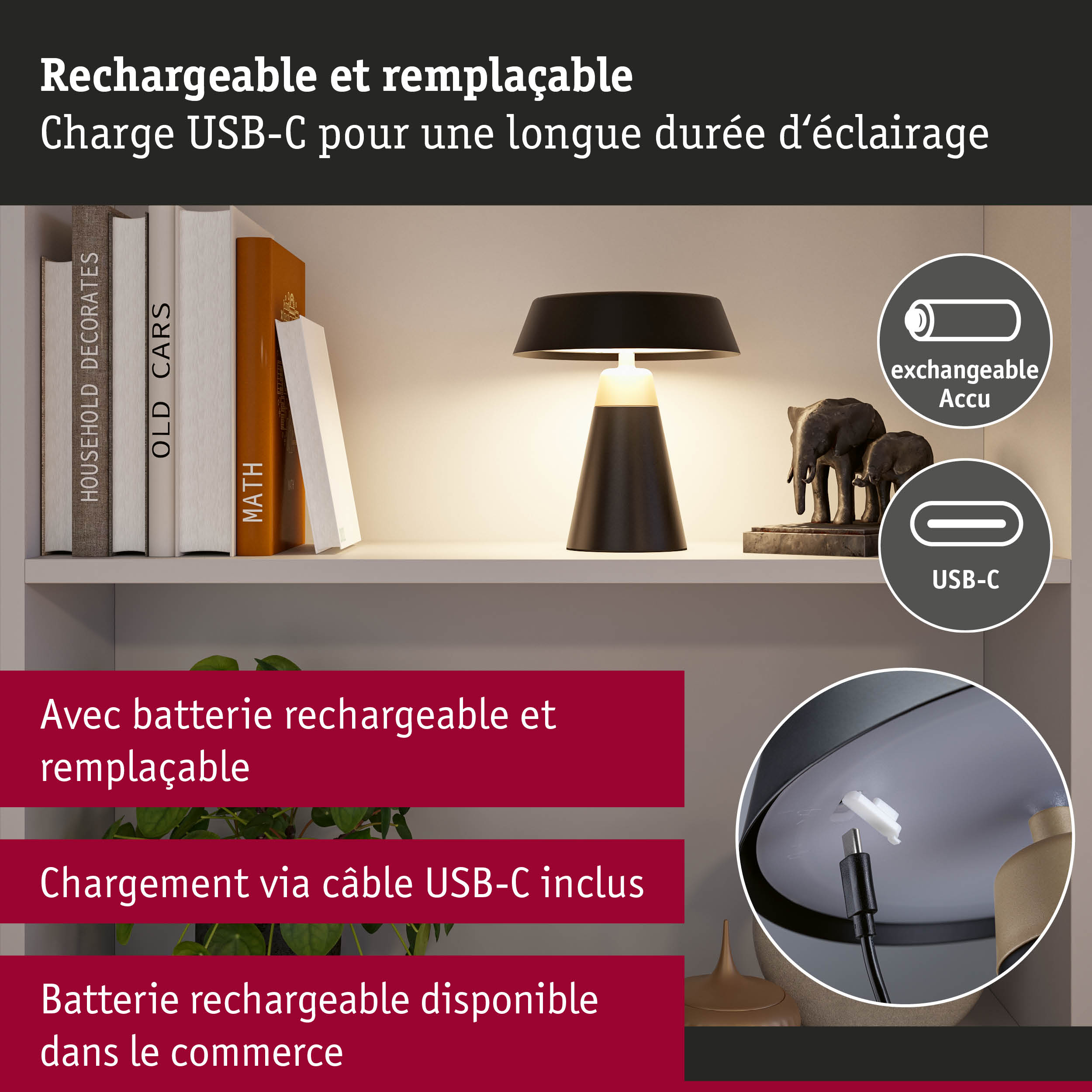 Lampe de table noire avec câble USB-C et batterie rechargeable sur étagère blanche avec livres