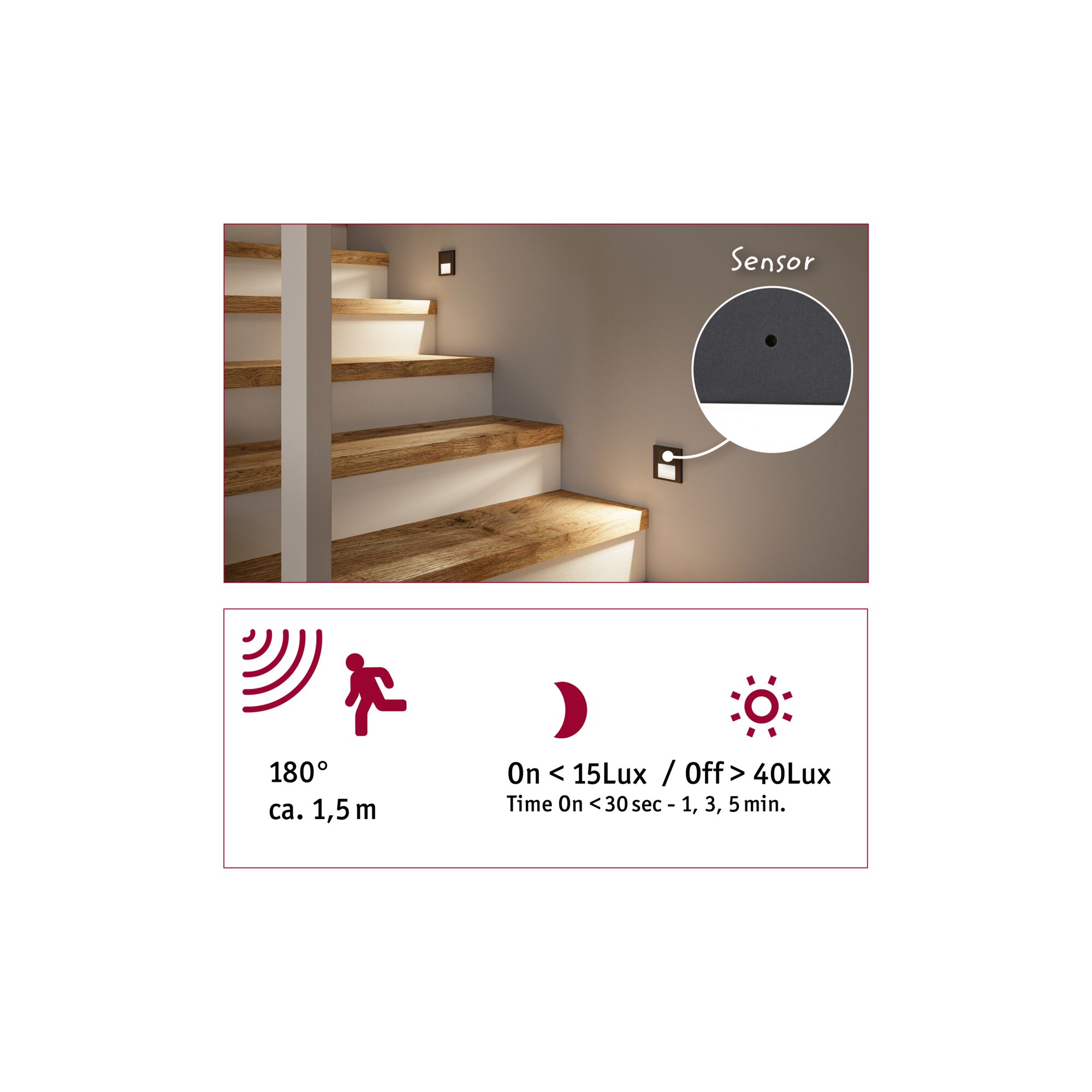 LED-Treppenlicht mit Bewegungssensor in Schwarz für Wandmontage, 180° Erfassungswinkel, 1,5 m Reichweite