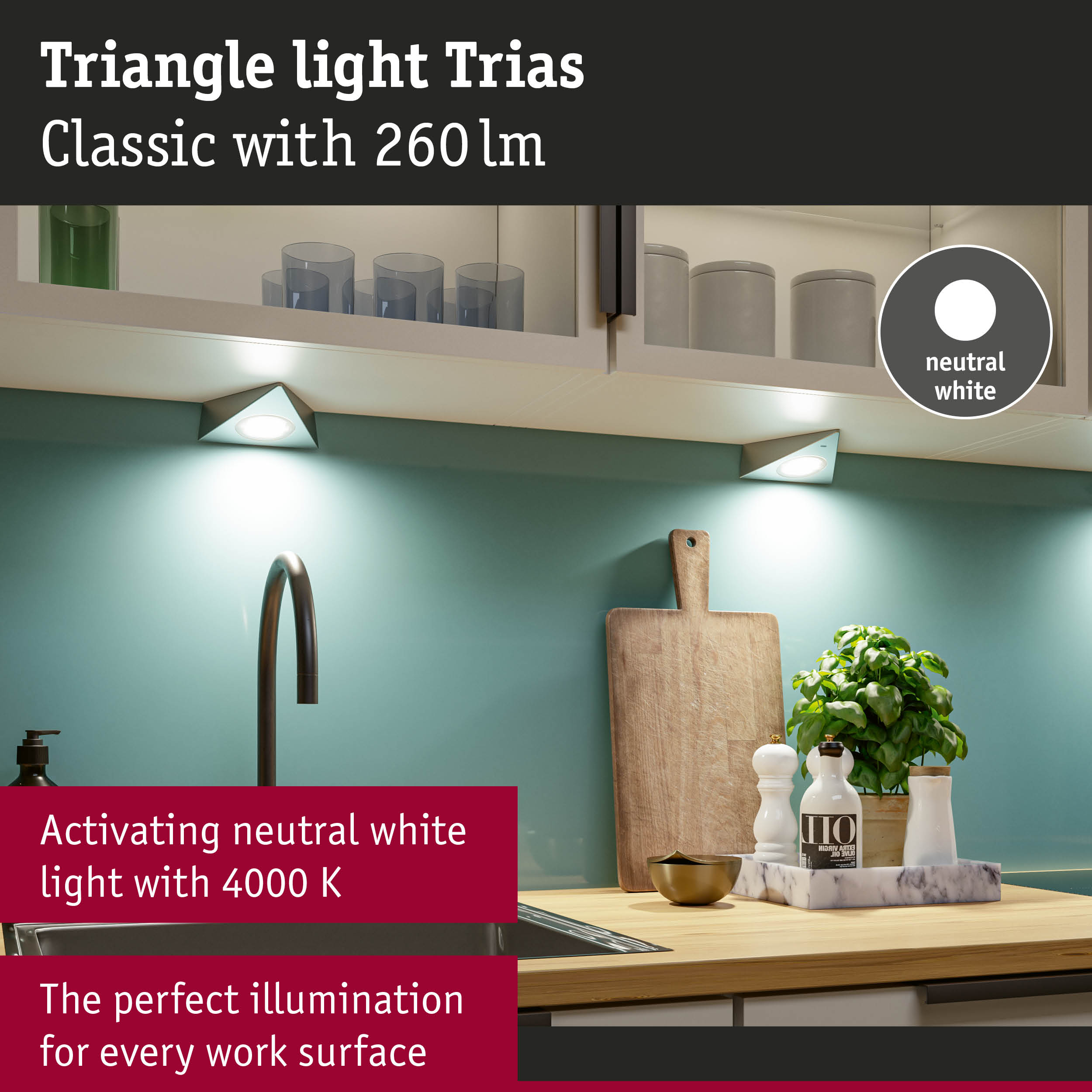 Triangle LED under-cabinet light Trias in white with neutral white light for kitchen work surfaces
