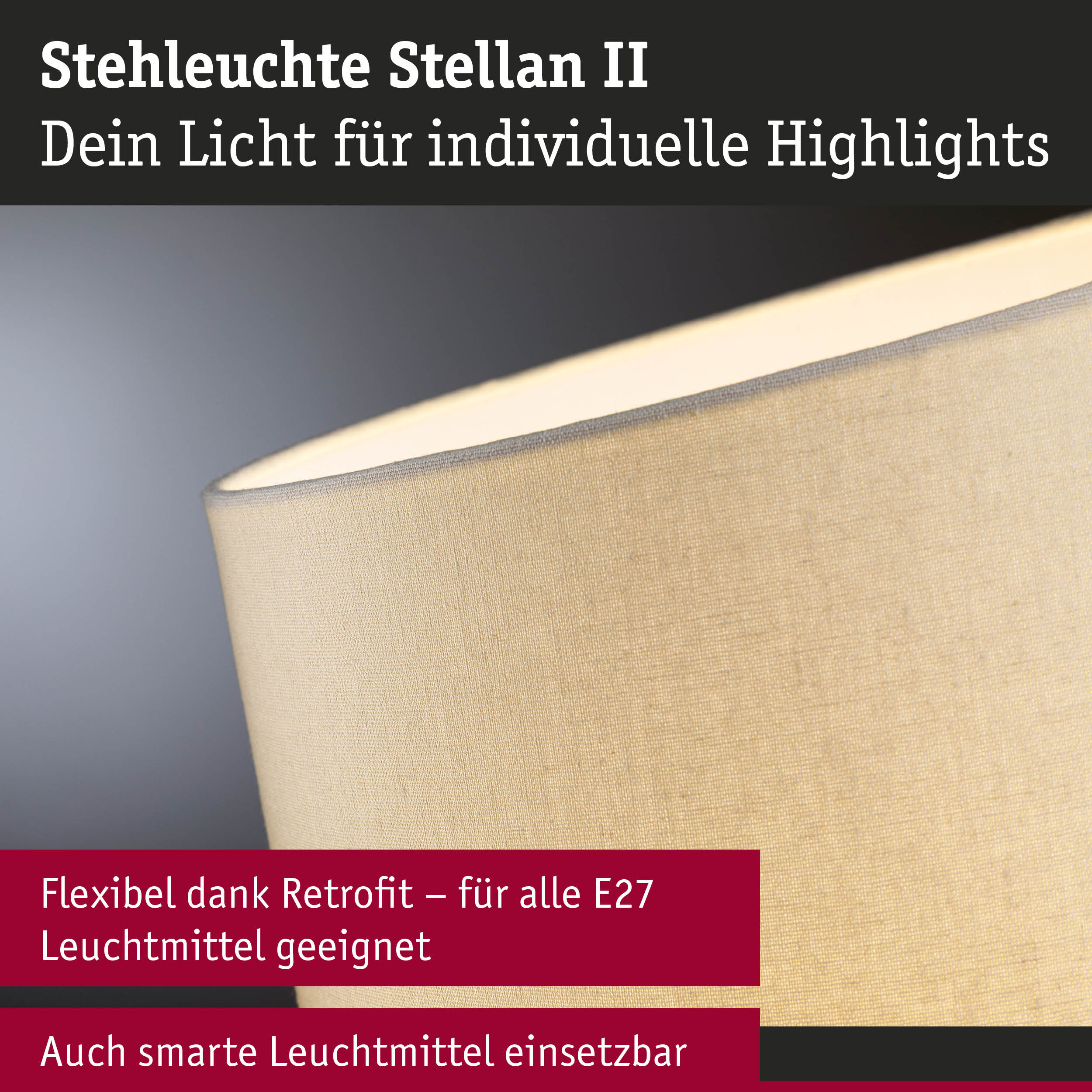 Stehleuchte Stellan II mit beigem Stoffschirm und LED-Beleuchtung für individuelle Highlights