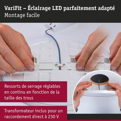 Plafonnier LED blanc avec ressorts réglables pour montage facile et raccordement direct 230 V