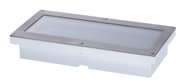 Rectangular stainless steel LED recessed light with white housing and textured diffuser panel