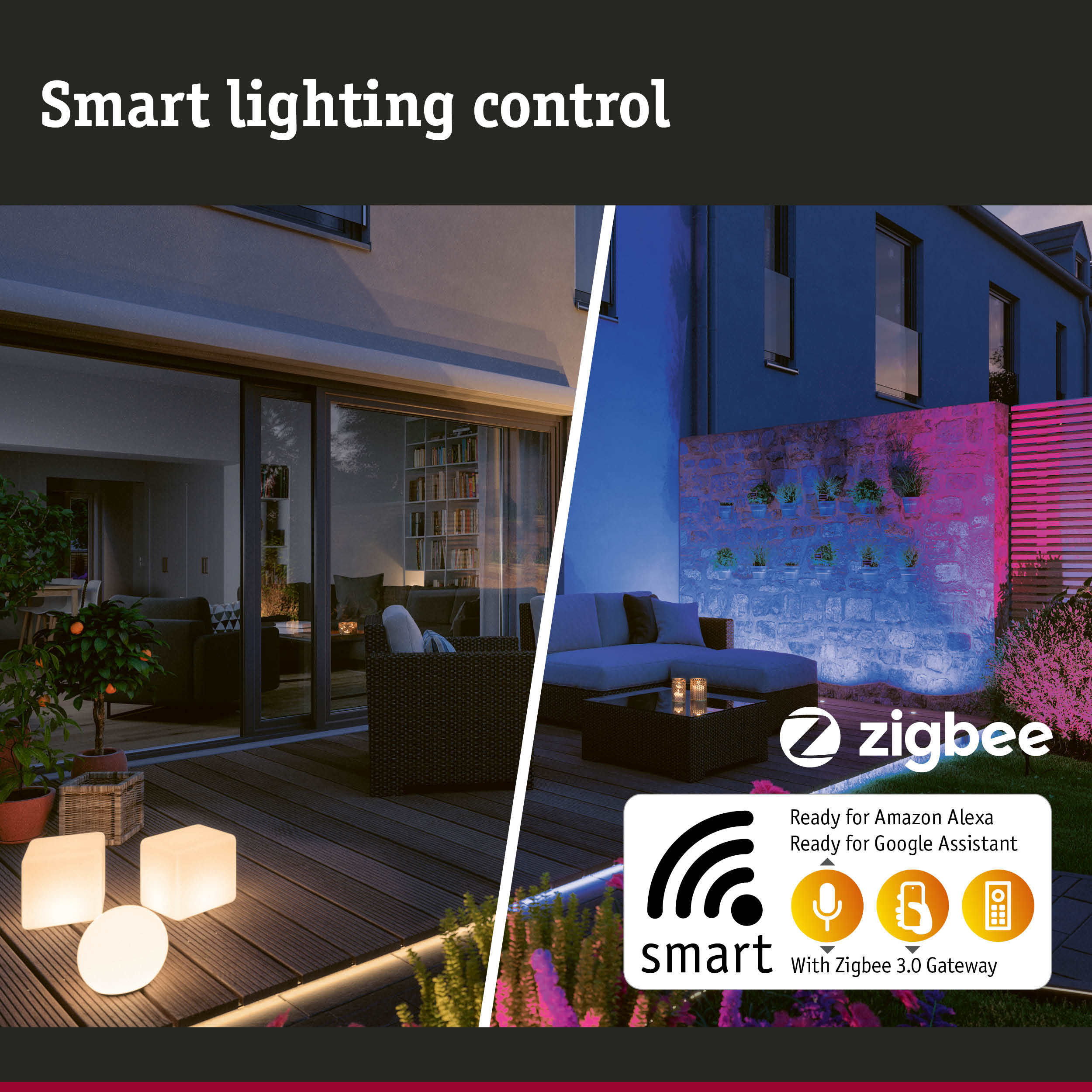Modernes Haus mit smartem Beleuchtungssystem und Zigbee 3.0 Gateway für Alexa und Google Assistant Steuerung