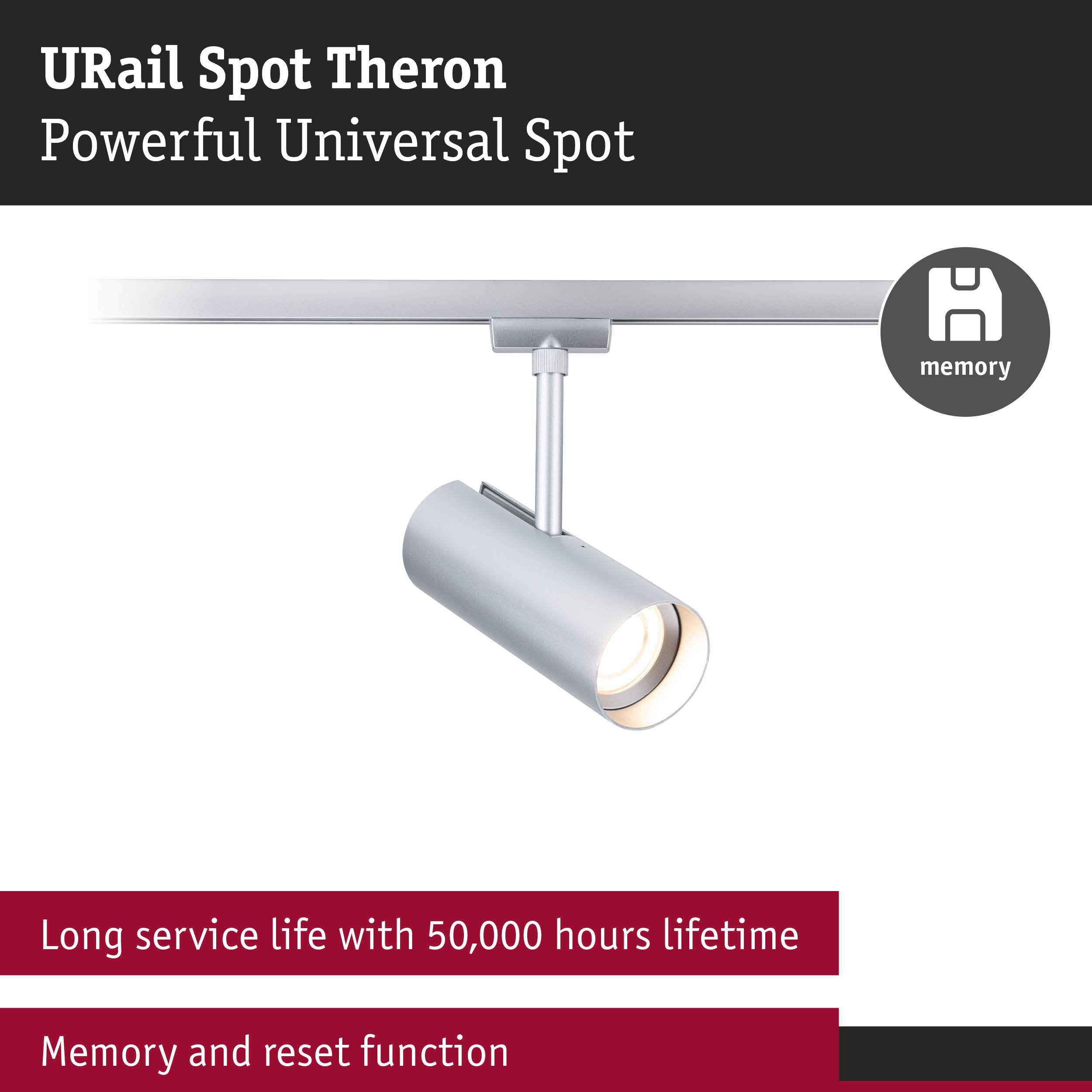 URail Spot Theron matte aluminium LED spotlight with long service life and memory reset function