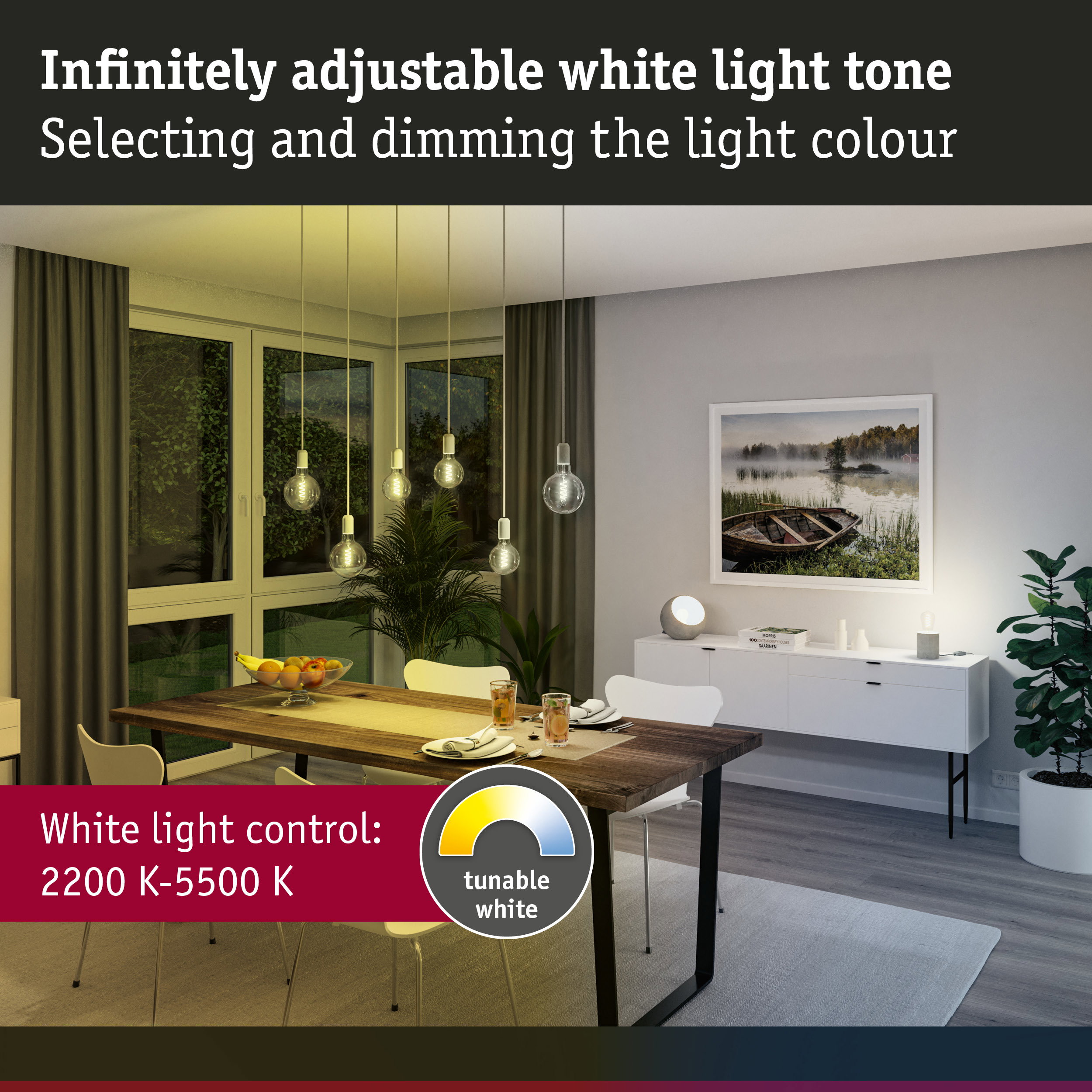 Living room with tunable, dimmable white LED lighting from 2200K to 5500K for adjustable ambient light