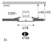 Technische Zeichnung eines Einbaustrahler mit 78 mm Durchmesser und 230V Spannung