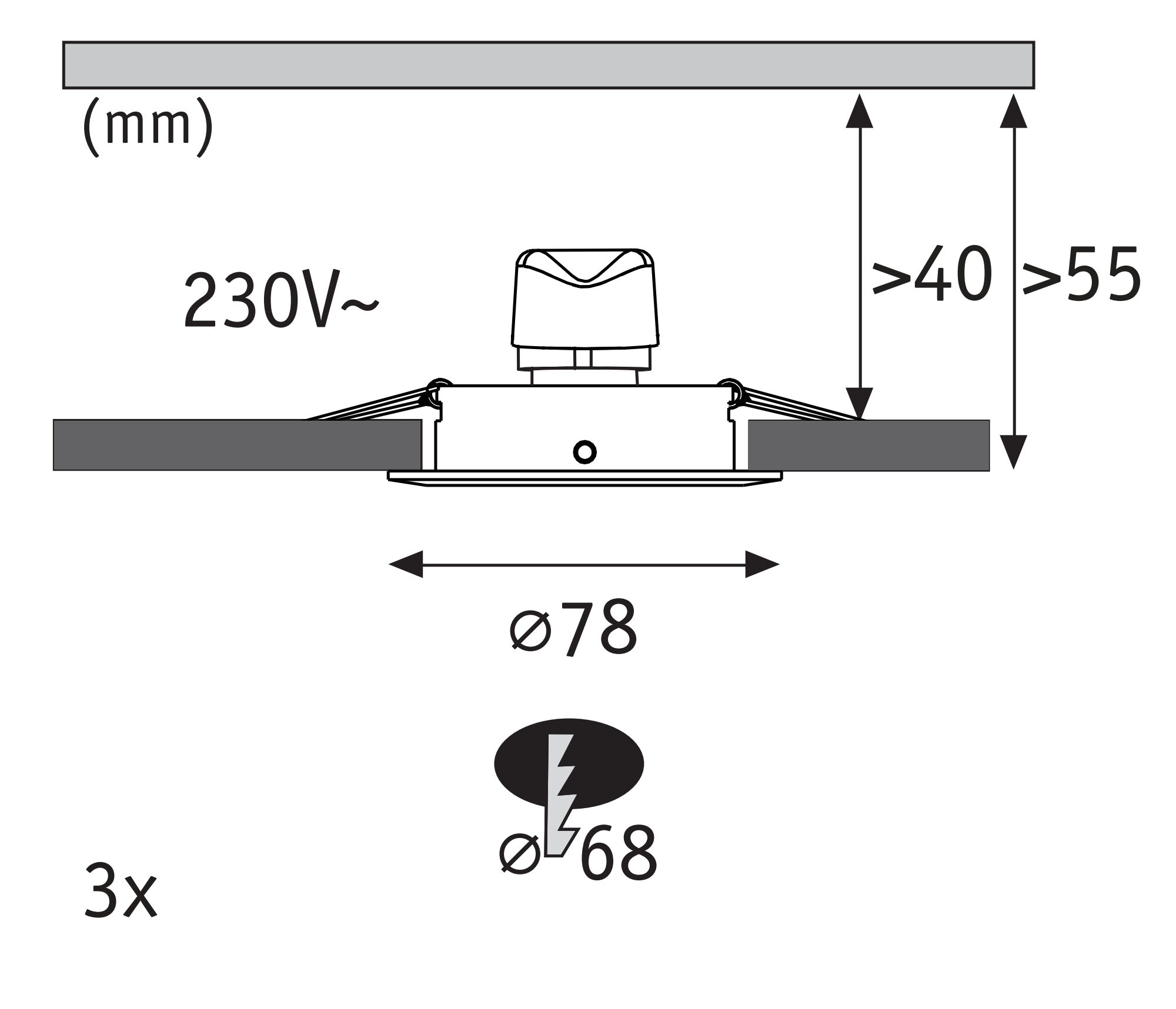 Technische Zeichnung eines Einbaustrahler mit 78 mm Durchmesser und 230V Spannung